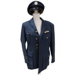 An RAF service dress uniform - with cuff insignia of Squadron Leader, including hat and shoes.