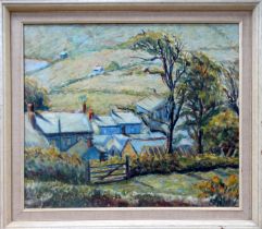 # HARRIS (British 20th Century) Dales Farmstead Morning Oil on board Partial label verso Framed