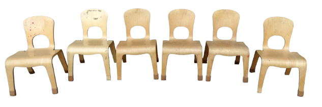 A set of six formed laminated beechwood childs chairs - in natural finish, with a seat height of