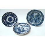 A late 19th century Chinese blue and white plate - decorated with pagodas and bridges with