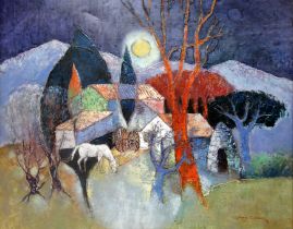 Max COYER (20th Century) Moonlit Farmstead with a White Horse Oil on canvas Signed lower right