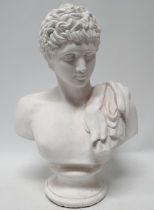 A white painted terracotta bust of Hermes - raised on a socle base, height 58cm.