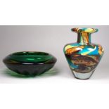 A Mdina glass vase - marbled in blue, brown and yellow, etched to base, height 14cm, together with