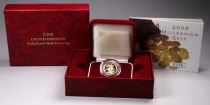 United Kingdom, Elizabeth II gold proof half sovereign 2000 - Royal Mint, in capsule, boxed with
