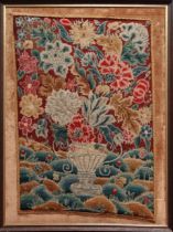 An 18th/19th century grosse and petit point embroidered panel showing a vase of summer flowers,