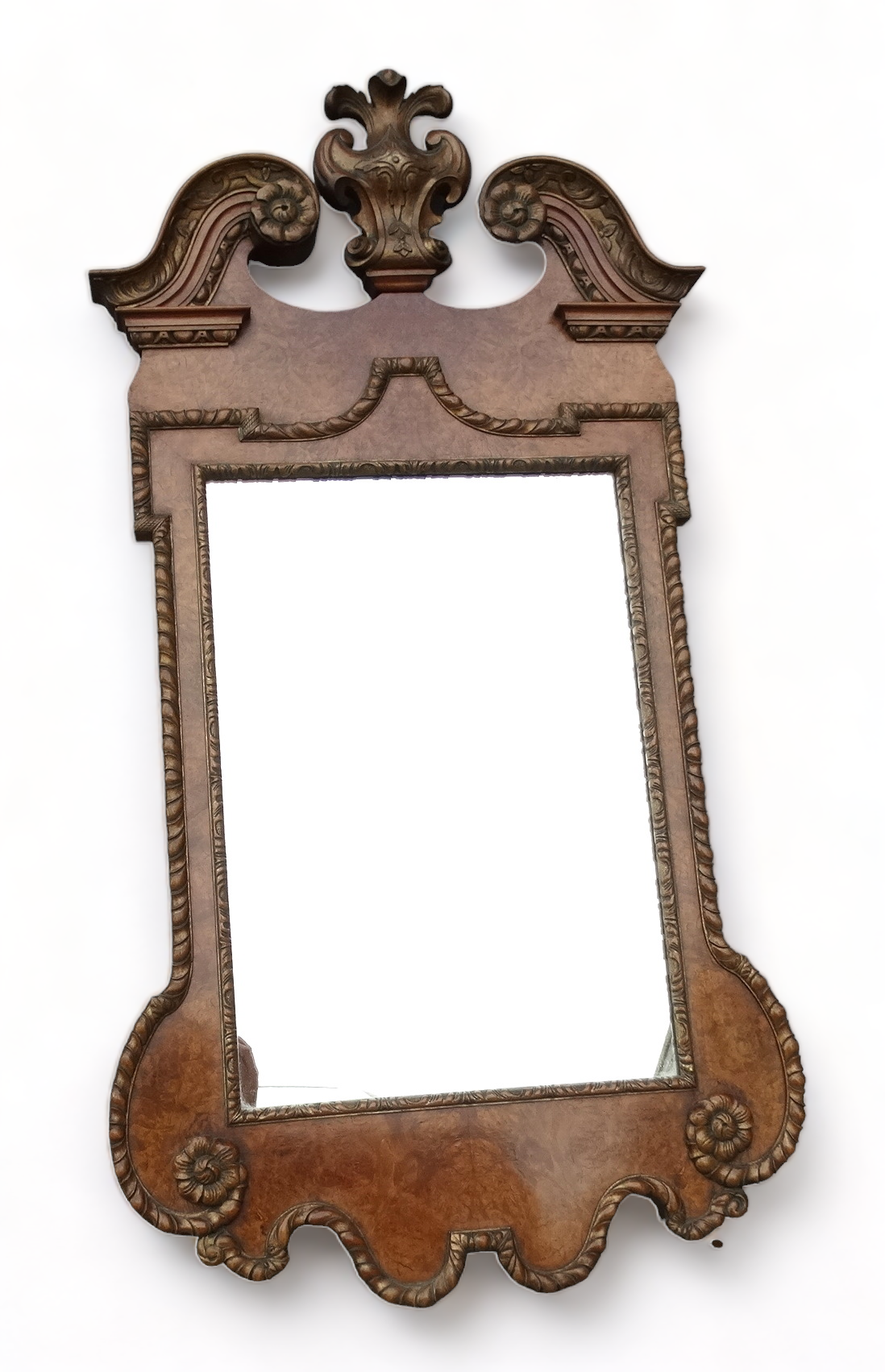 A George II style walnut framed mirror - the broken cornice with central cartouche above a