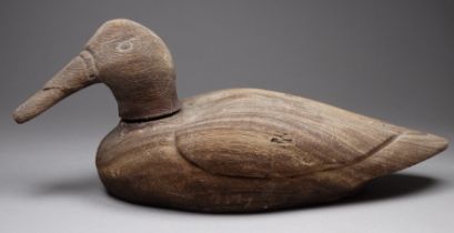 An early 20th century carved hardwood decoy duck - in a natural finish, length 30cm.