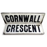 A late 19th century ceramic street sign 'Cornwall Crescent' - two sections with black Sans Serif