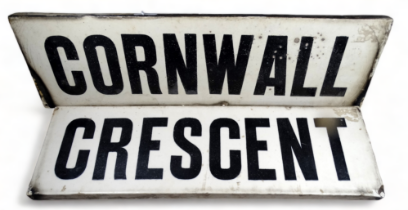 A late 19th century ceramic street sign 'Cornwall Crescent' - two sections with black Sans Serif