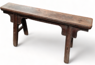 A late 19th century Chinese elm bench - bearing wax export seal, with moulded plank seat above a