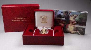 United Kingdom, Elizabeth II gold proof half sovereign 2007 - Royal Mint, in capsule, boxed with