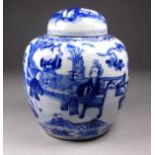 A Chinese late 19th/early 20th century blue and white ginger jar - decorated with figures in a