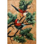 20th Century Chinese School Exotic Birds On A Branch Oil on a leaf Signed with initial lower right