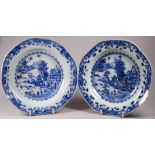 A pair of 19th century Chinese blue and white plates - of octagonal form and decorated with a