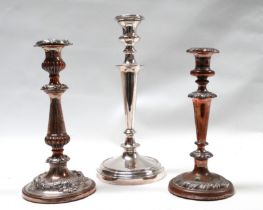 A large silver plated candlestick - of circular baluster form with beaded decoration, height 34cm,