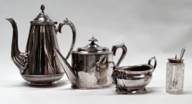 A George III style silver plated teapot - of oval form with bright-cut decoration, together with a