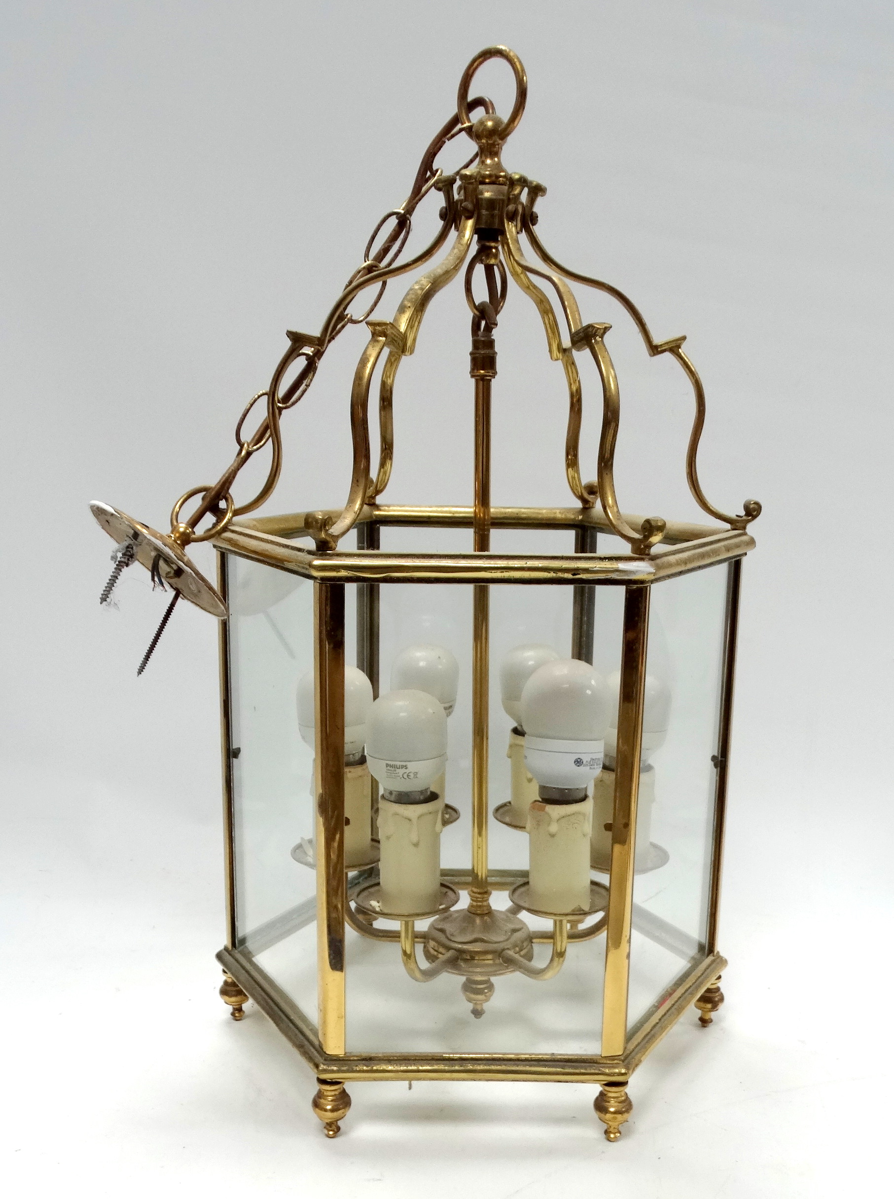 A Georgian style brass hexagonal hall lantern - height 59cm.