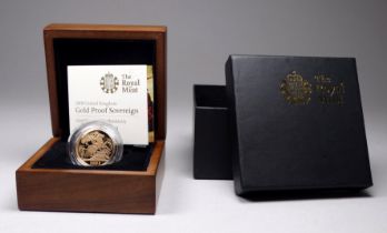 The Royal Mint 2008 gold proof sovereign - cased in wooden box and outer protective box and with