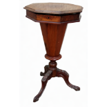 A Victorian mahogany sewing table - the octagonal hinged top enclosing a fitted interior and work