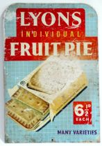 A mid 20th century Lyons advertising sign - lithography on a tin sheet, for individual fruit pies,