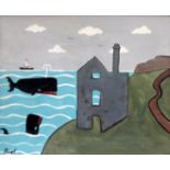 # Steve CAMPS (b. 1957) Cornish Naive School) Two Whales and a Tin Mine Acrylic on boar Signed lower