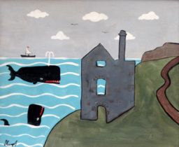 # Steve CAMPS (b. 1957) Cornish Naive School) Two Whales and a Tin Mine Acrylic on boar Signed lower