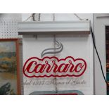 A Carraro coffee illuminated Perspex advertising sign - width 46cm, height 43cm.