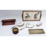 An early 20th century yew stationery box - inlaid with boxwood and mother-of-pearl, width 24cm,