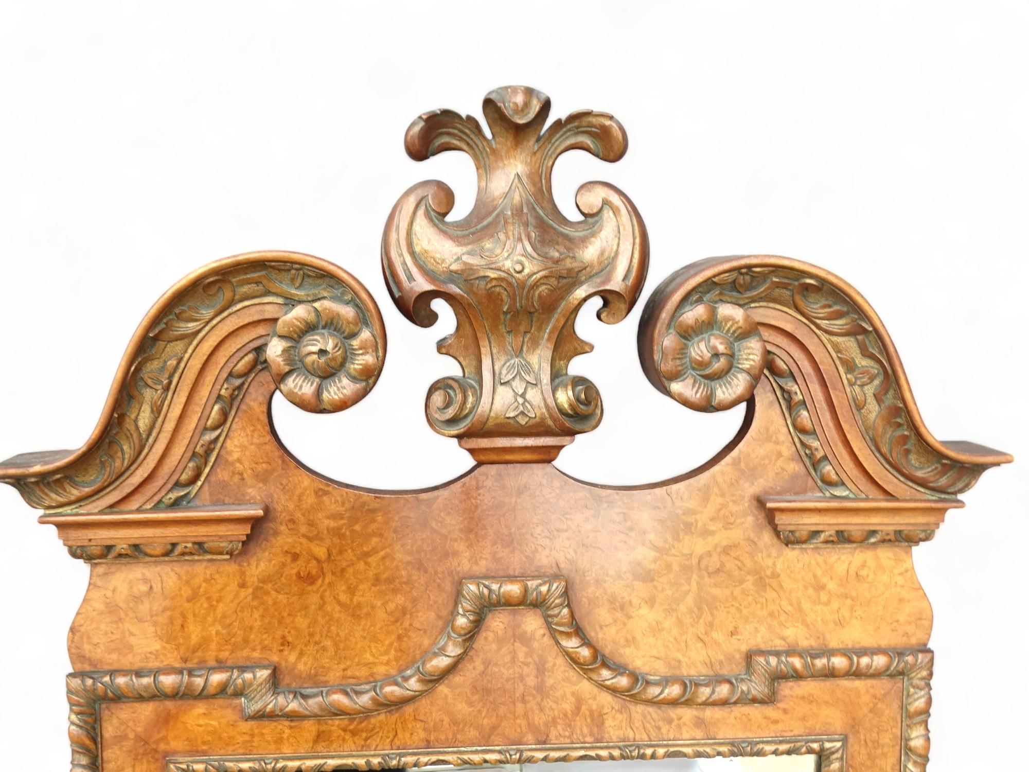 A George II style walnut framed mirror - the broken cornice with central cartouche above a - Image 3 of 4