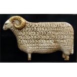 A carved bas relief wooden ram with gilt horns and hooves - mounted on a board, width 123cm,