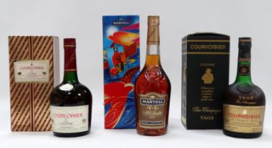 A bottle of Courvoisier cognac - boxed, together with a another and a boxed Millennium bottle of