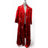 A Chinese red satin dressing gown - decorated with embroidered chrysanthemums, size 36.
