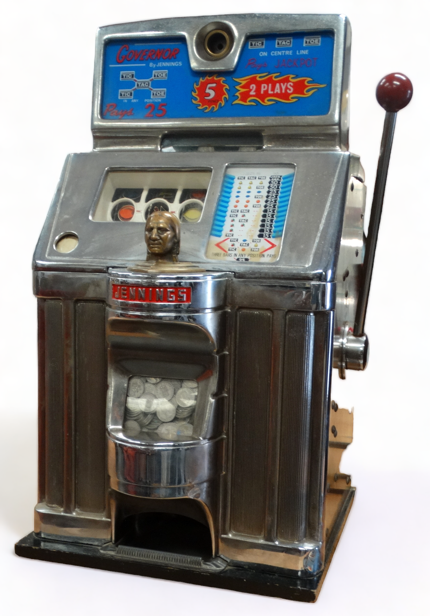 A Jennings-Governor mid 20th century American one arm bandit slot machine - chrome case with Tic-