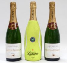 A bottle of Lanson champagne - in a Wimbledon commemorative jacket, together with two bottles of