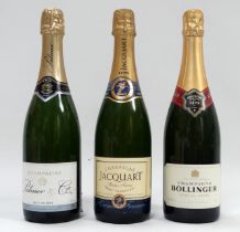 A bottle of Bollinger special cuvee champagne - together with two further bottles from other houses.