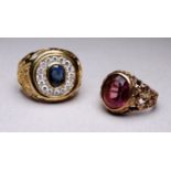 A large 9ct gold blue and white stone set ring - size S, together with another 9ct gold ring,