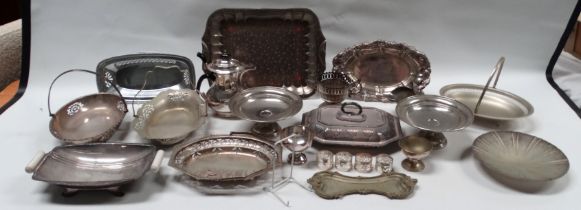 A silver plated entree dish - rectangular with canted corners, together with a quantity of other