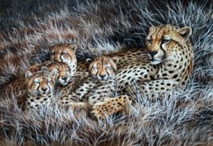 David PARRY (British b. 1942), Cheetah and her Cubs, Mixed media, Signed lower right, Framed and