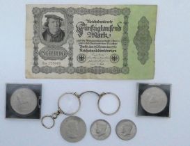 A 1922 50,000 Reichsbanknote - together with three crowns, two half dollars and a pair of Pince-
