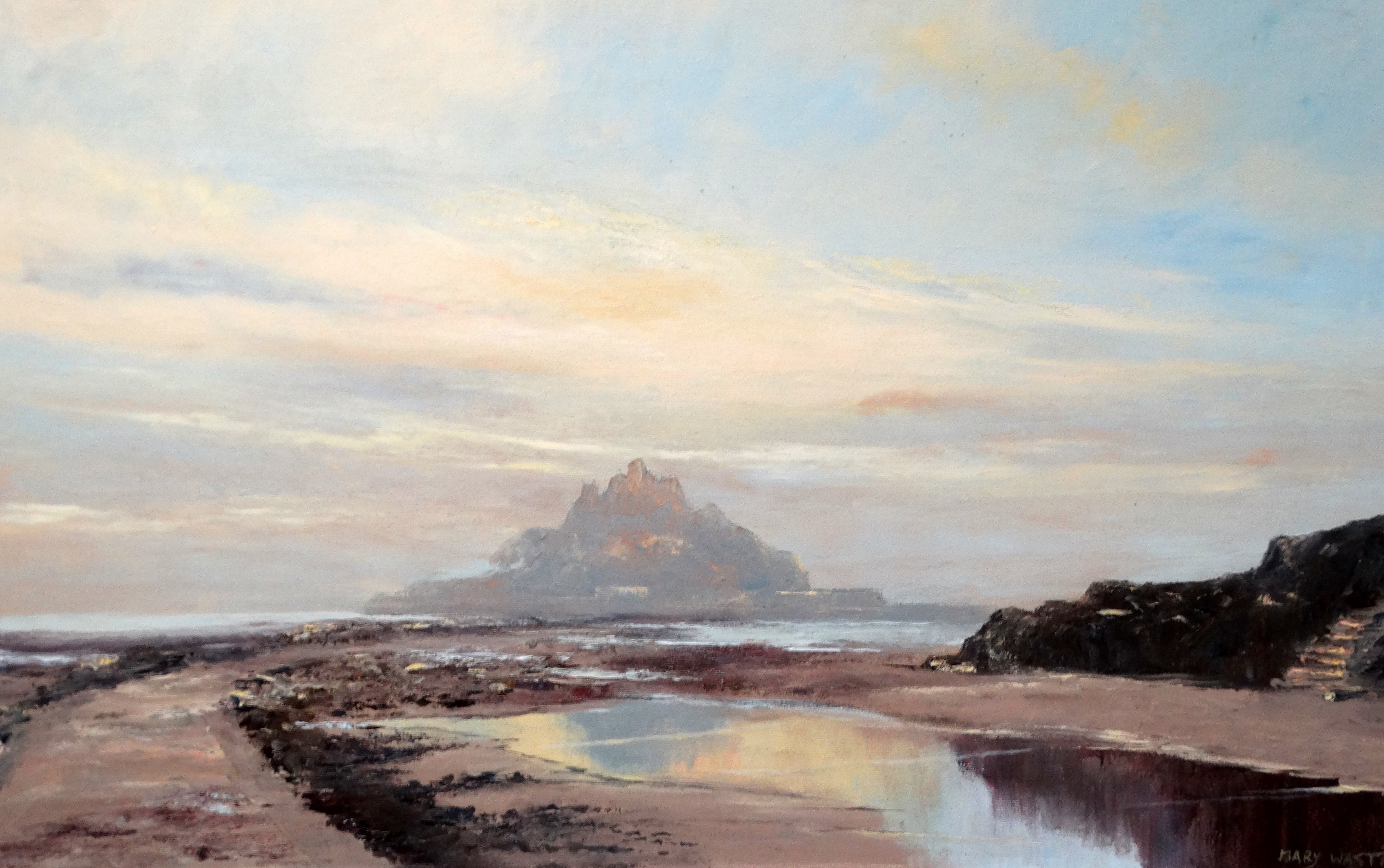 Mary WASTIE (British b. 1935), Causeway Low Tide St Michaels Mount, Oil on canvas, Signed lower