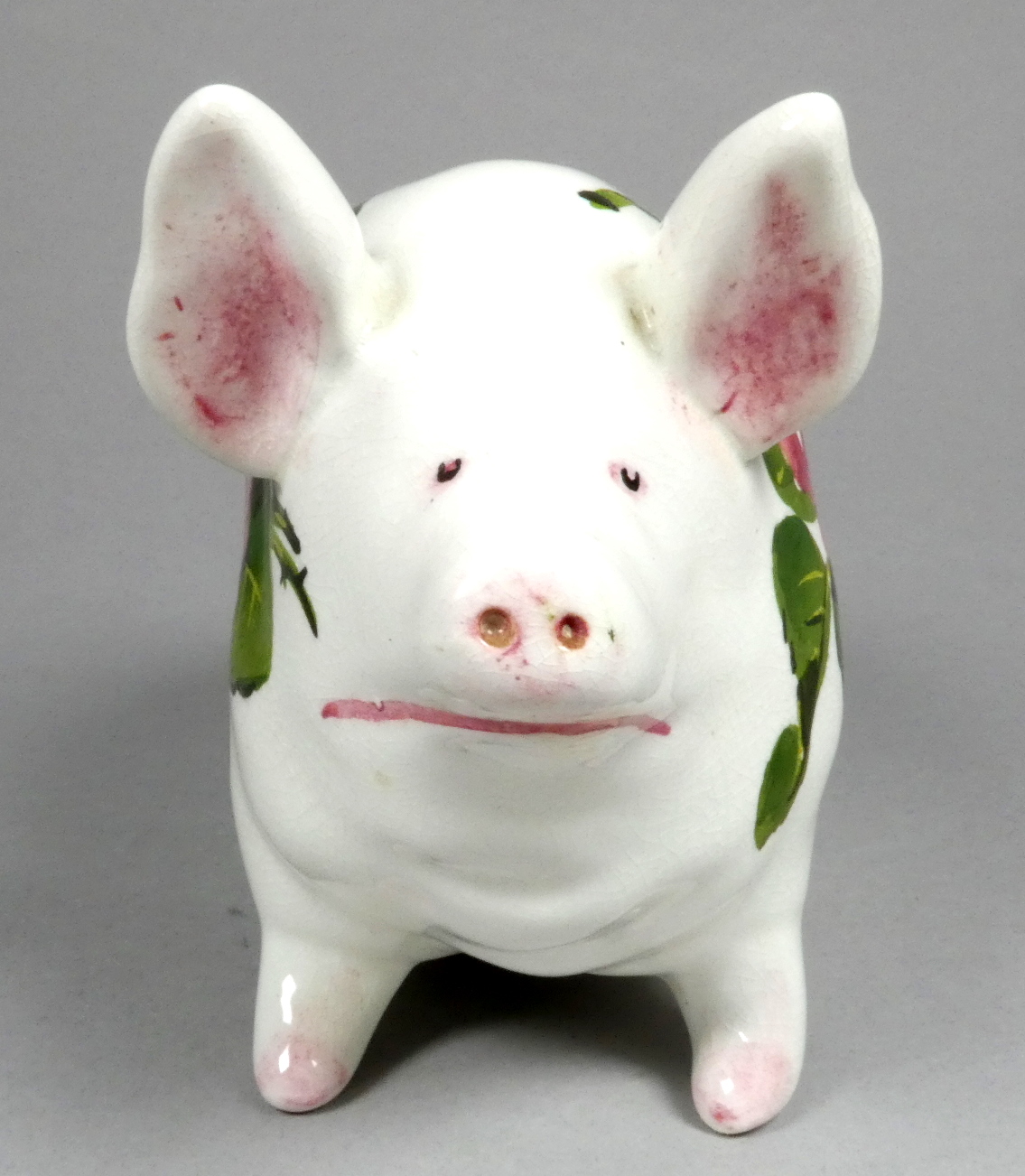 A Wemyss ware pottery money box pig - decorated with cabbage roses, 17cm wide - Image 4 of 6
