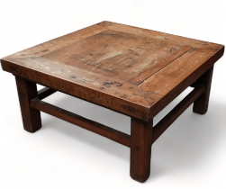 A late 19th century Chinese hardwood low table - the square panelled top above a pierced frieze,