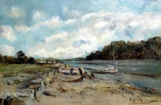 Margaret MORCOM (British 20th Century) Tending Boats Low Tide Oil on canvas Signed lower right