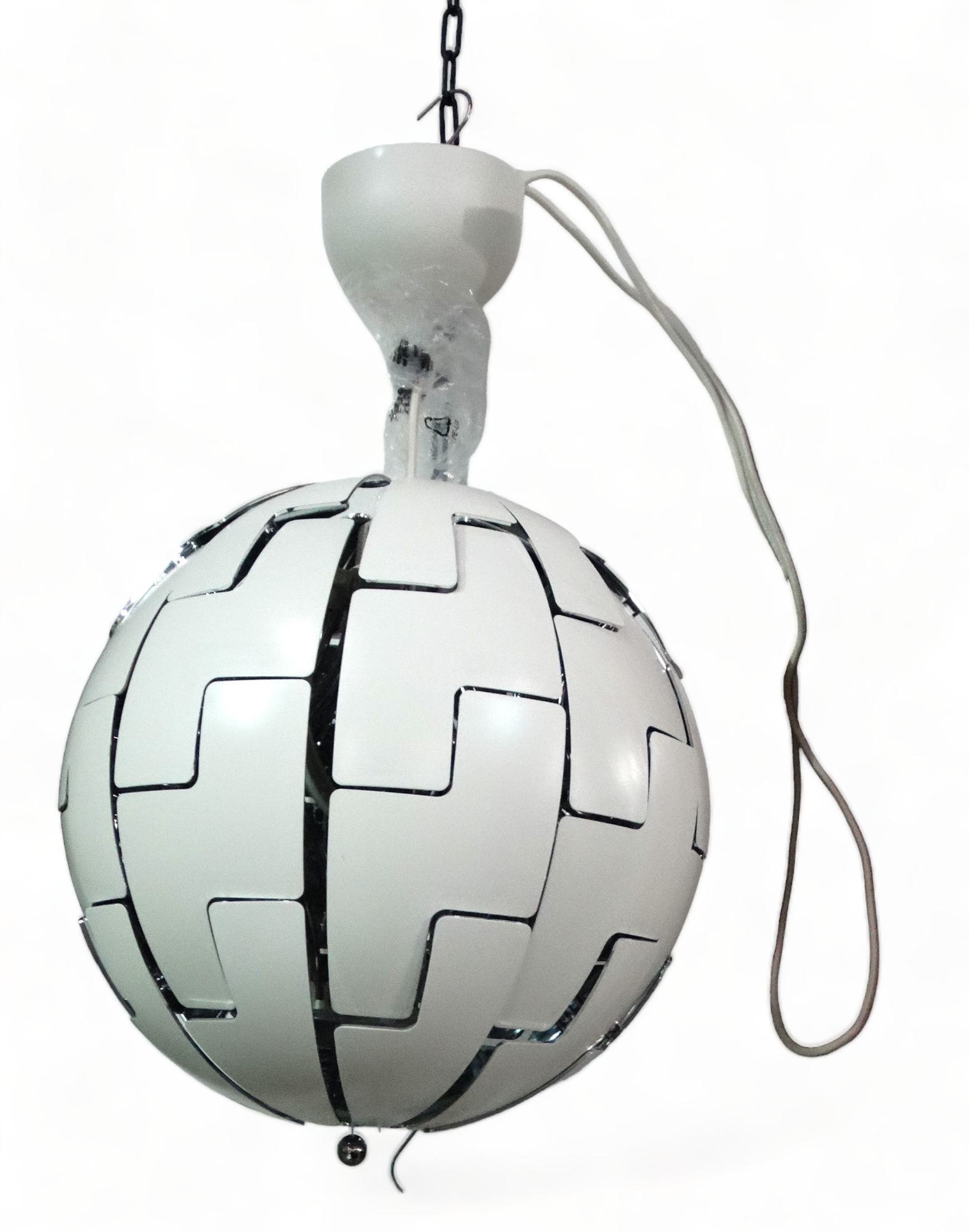 An Ikea white pendant lamp - the globe separating to reveal a mirrored interior, height 35cm.