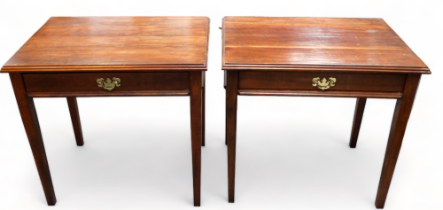 A pair of side tables - the rectangular tops above a drawer and tapering square legs, width 62cm,