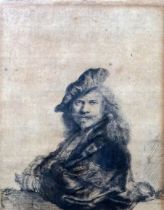 After Rembrandt, 'Self-Portrait Leaning on a Stone Sill, Etching, Framed and glazed, Picture size