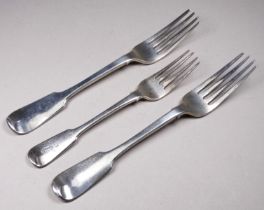 A pair of silver dessert forks - London 1837, Mary Chawner, together with another silver dessert