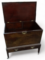 A 19th century mahogany trunk - with rectangular top and brass bale handles on a low stand with