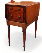 A William IV mahogany work table - the drop leaf rectangular top with banding above two drawers