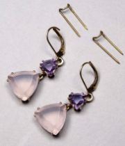 A pair of 9ct gold amethyst set drop earrings - weight 5.7g.